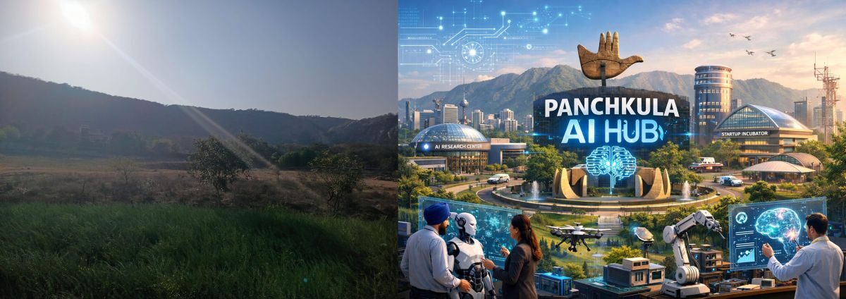 Transformation of Haryana from agricultural landscape to AI-driven future, showcasing rural fields alongside a futuristic Panchkula AI hub with smart infrastructure, innovation centres, and advanced technology visuals.