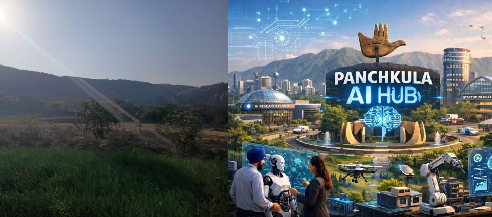 Transformation of Haryana from agricultural landscape to AI-driven future, showcasing rural fields alongside a futuristic Panchkula AI hub with smart infrastructure, innovation centres, and advanced technology visuals.