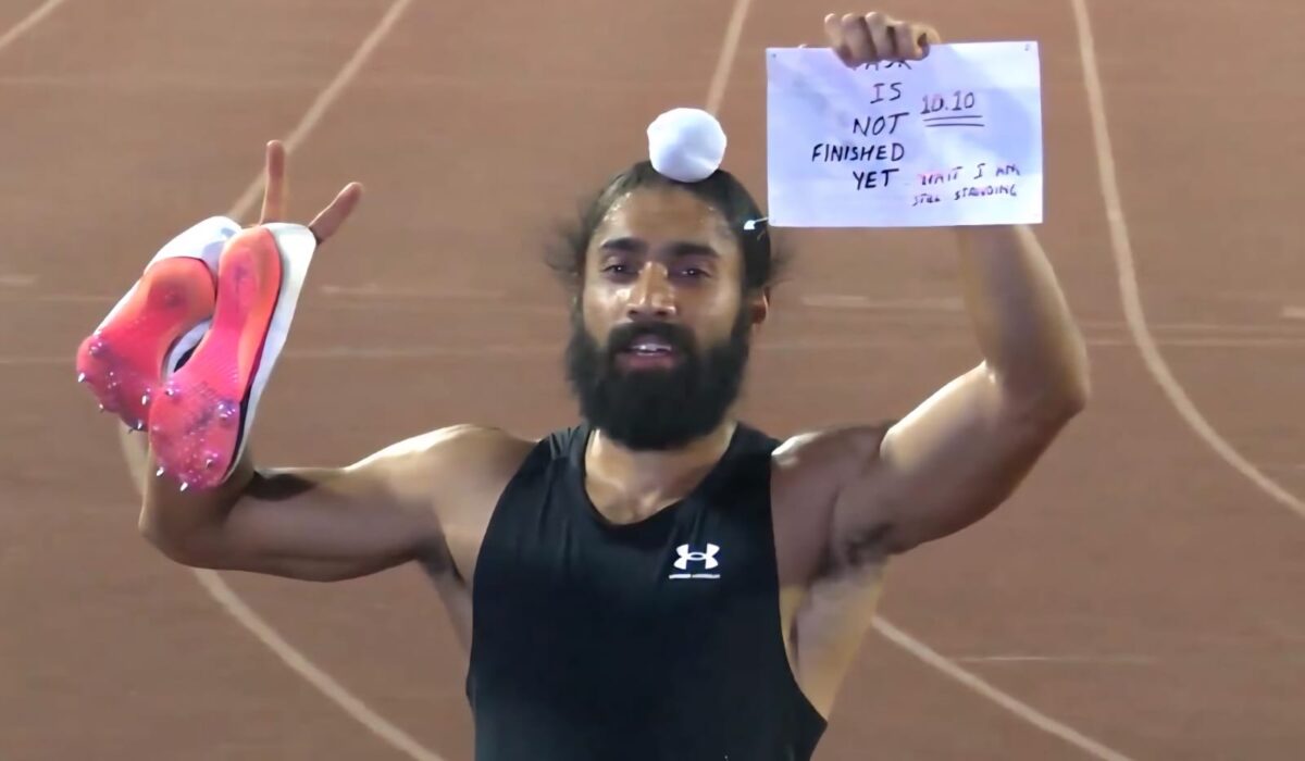 ndian sprinter Gurindervir Singh celebrates after clocking a record-breaking 10.09-second run at the Federation Cup in Ranchi.