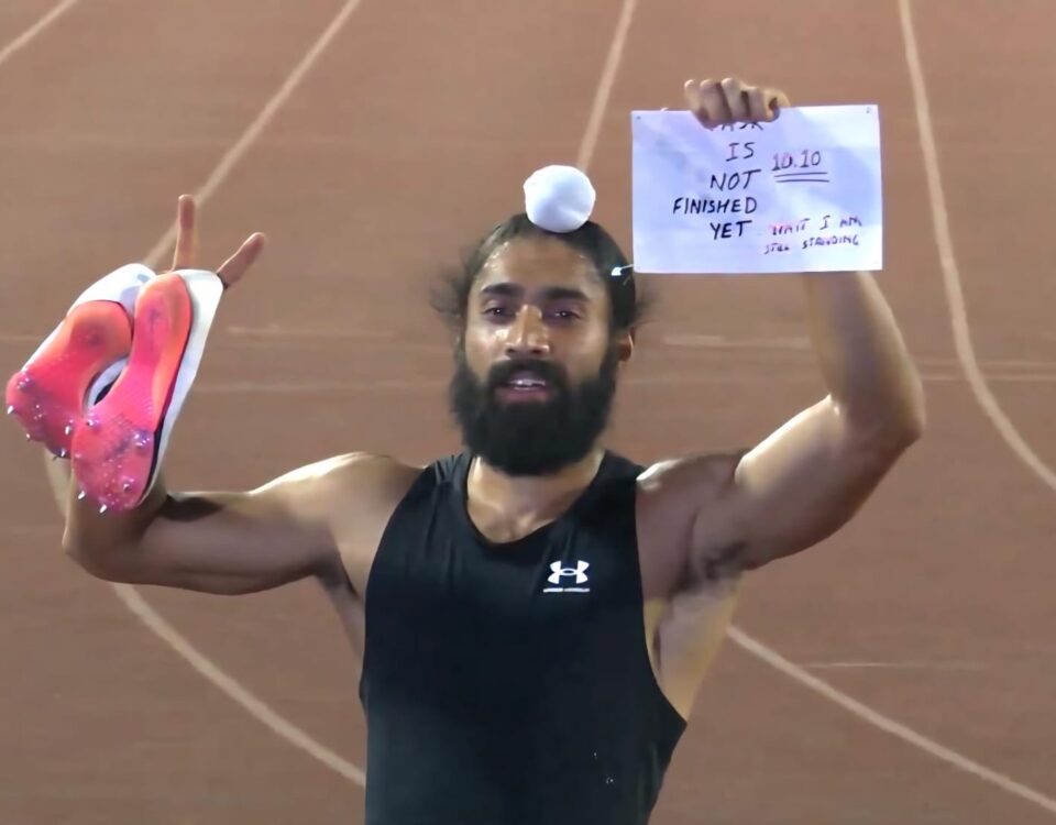 ndian sprinter Gurindervir Singh celebrates after clocking a record-breaking 10.09-second run at the Federation Cup in Ranchi.