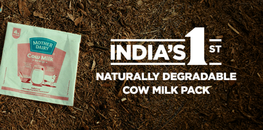 A conceptual representation of Mother Dairy’s eco-friendly cow milk pouch, highlighting sustainable packaging innovation, symbolizing a shift from conventional plastic milk packets to a more environmentally responsible, naturally degradable material designed to reduce plastic waste and support a circular economy