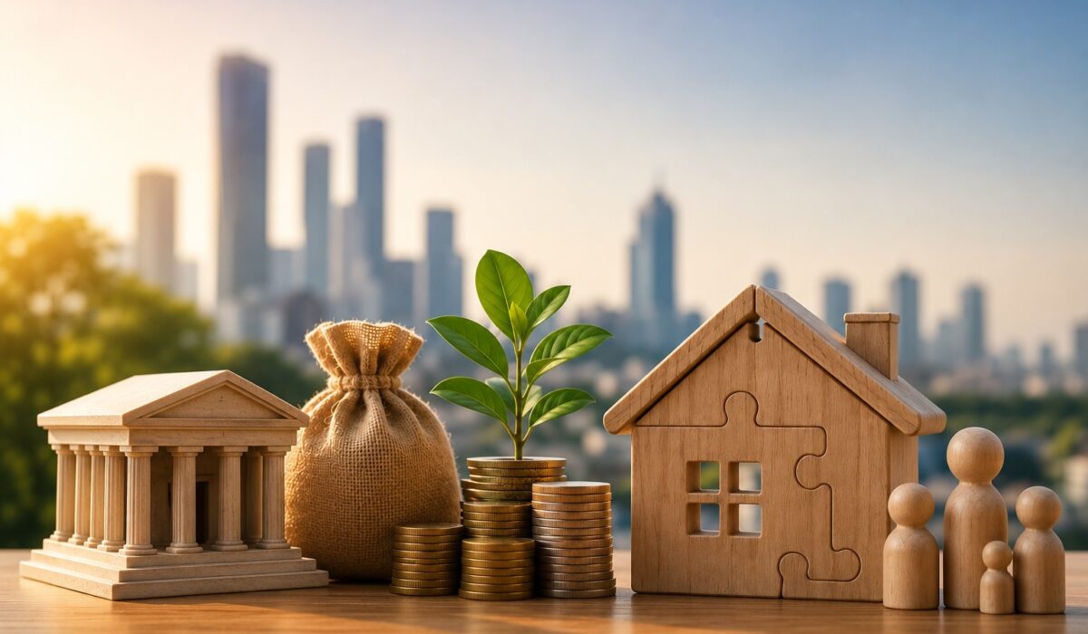 Financial growth concept featuring a miniature bank building, money bag, stacks of coins with a growing plant, a wooden house, and family figures against a blurred city skyline.
