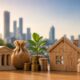 Financial growth concept featuring a miniature bank building, money bag, stacks of coins with a growing plant, a wooden house, and family figures against a blurred city skyline.