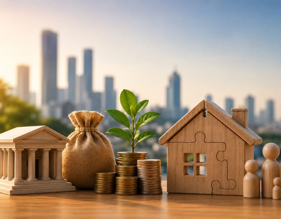 Financial growth concept featuring a miniature bank building, money bag, stacks of coins with a growing plant, a wooden house, and family figures against a blurred city skyline.