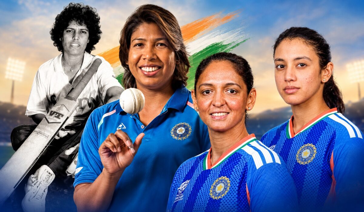 Collage of four generations of Indian women cricketers, featuring a historic black-and-white cricketer alongside three modern Indian players in blue India jerseys, set against a cricket stadium background with the Indian tricolour in the sky.