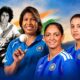 Collage of four generations of Indian women cricketers, featuring a historic black-and-white cricketer alongside three modern Indian players in blue India jerseys, set against a cricket stadium background with the Indian tricolour in the sky.