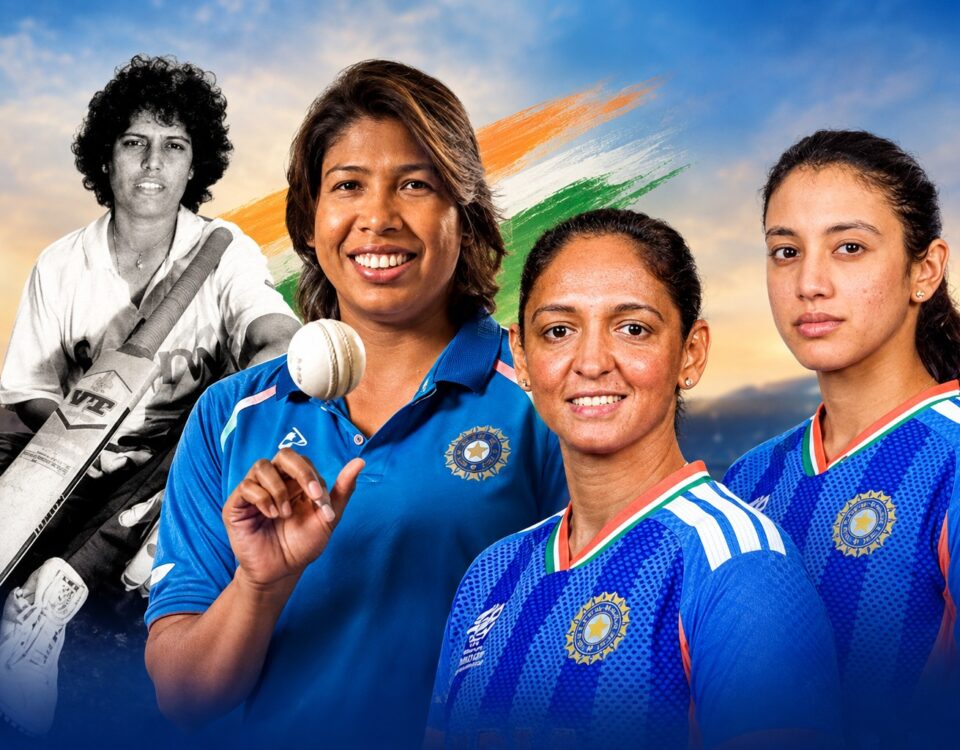 Collage of four generations of Indian women cricketers, featuring a historic black-and-white cricketer alongside three modern Indian players in blue India jerseys, set against a cricket stadium background with the Indian tricolour in the sky.