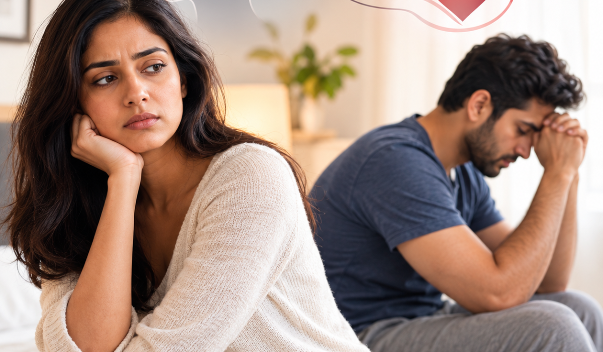 A couple sitting apart on a bed, both appearing stressed and emotionally distant, with a symbolic brain and heart illustration above them representing the connection between stress, emotions, and sexual wellness.