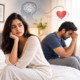 A couple sitting apart on a bed, both appearing stressed and emotionally distant, with a symbolic brain and heart illustration above them representing the connection between stress, emotions, and sexual wellness.