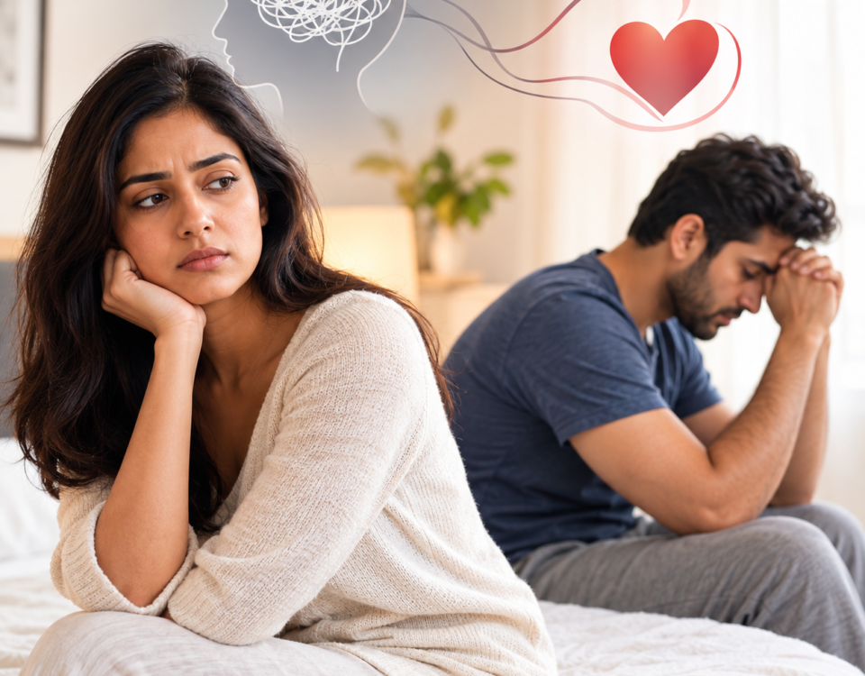 A couple sitting apart on a bed, both appearing stressed and emotionally distant, with a symbolic brain and heart illustration above them representing the connection between stress, emotions, and sexual wellness.