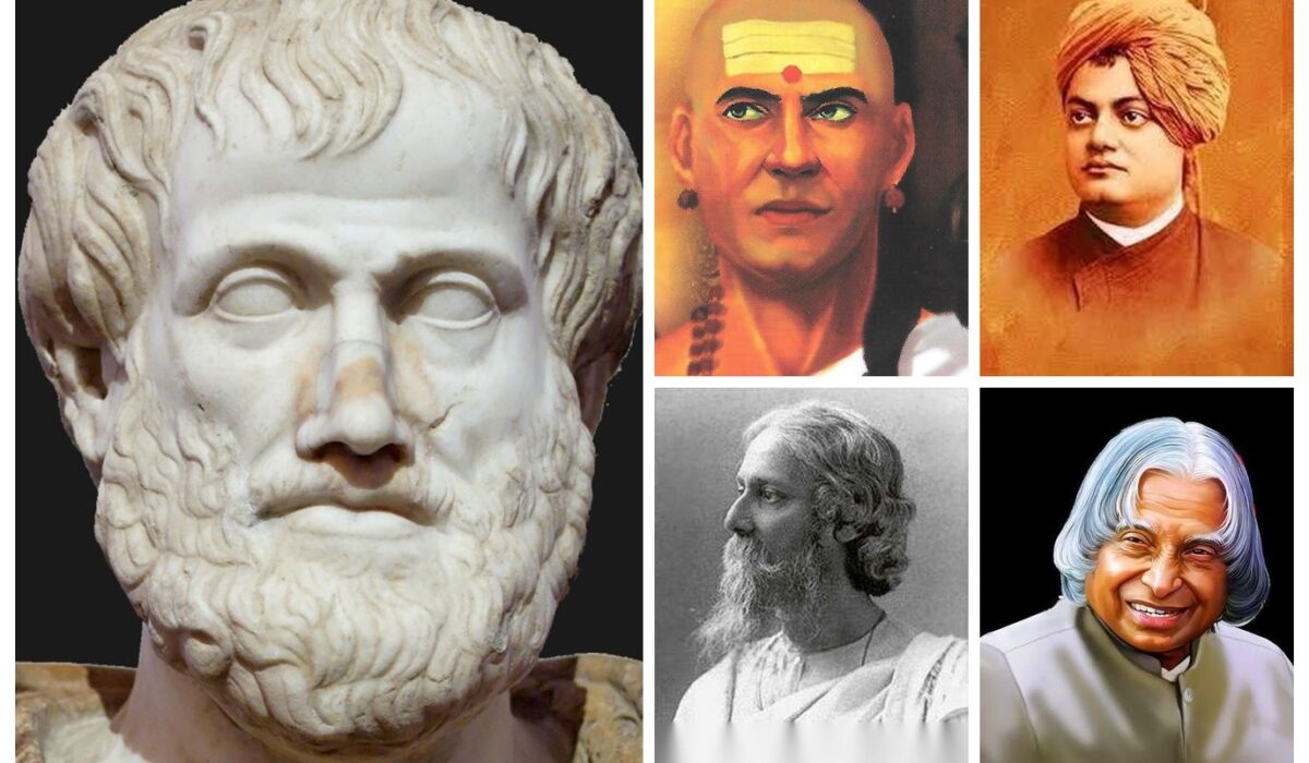 A horizontal collage of five black-and-white and color portraits of historical figures side by side: a marble bust of Aristotle, a painted portrait of Chanakya with a bald head and forehead markings, a sepia-toned portrait of Swami Vivekananda wearing a turban, a black-and-white profile photograph of Rabindranath Tagore with a long beard, and a color illustration of Dr. A.P.J. Abdul Kalam with white hair, smiling.
