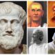 A horizontal collage of five black-and-white and color portraits of historical figures side by side: a marble bust of Aristotle, a painted portrait of Chanakya with a bald head and forehead markings, a sepia-toned portrait of Swami Vivekananda wearing a turban, a black-and-white profile photograph of Rabindranath Tagore with a long beard, and a color illustration of Dr. A.P.J. Abdul Kalam with white hair, smiling.