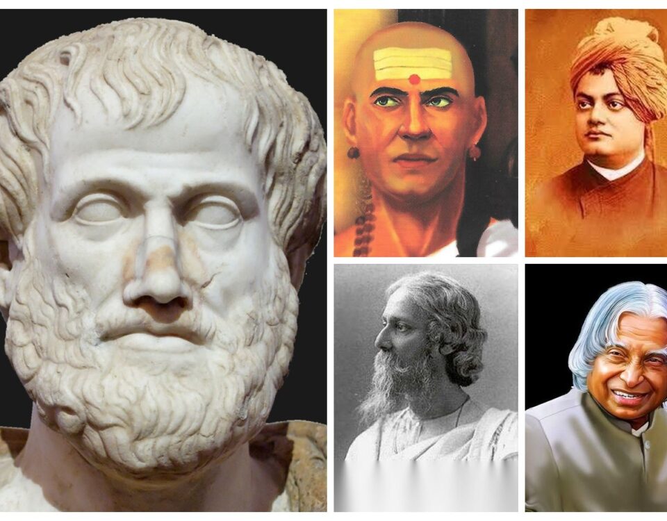 A horizontal collage of five black-and-white and color portraits of historical figures side by side: a marble bust of Aristotle, a painted portrait of Chanakya with a bald head and forehead markings, a sepia-toned portrait of Swami Vivekananda wearing a turban, a black-and-white profile photograph of Rabindranath Tagore with a long beard, and a color illustration of Dr. A.P.J. Abdul Kalam with white hair, smiling.