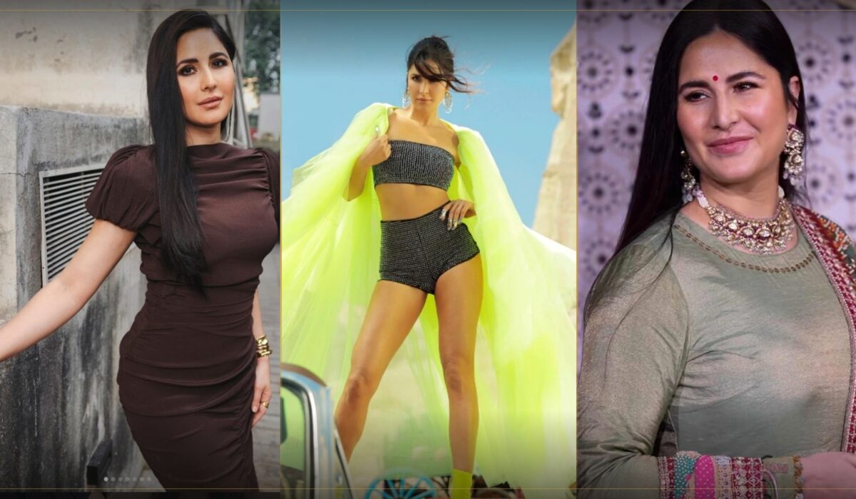 "Three-panel photo collage of Katrina Kaif: on the left, wearing a brown bodycon dress against a textured concrete wall; in the center, in a black beaded co-ord set with a flowing neon-yellow cape against a desert rock backdrop; on the right, in a sage-green embroidered kurta with statement jewelry against a floral-patterned wall."