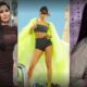 "Three-panel photo collage of Katrina Kaif: on the left, wearing a brown bodycon dress against a textured concrete wall; in the center, in a black beaded co-ord set with a flowing neon-yellow cape against a desert rock backdrop; on the right, in a sage-green embroidered kurta with statement jewelry against a floral-patterned wall."