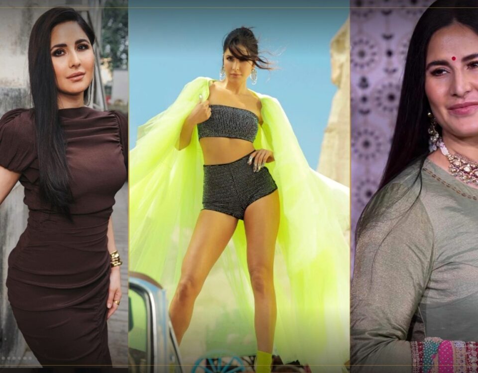 "Three-panel photo collage of Katrina Kaif: on the left, wearing a brown bodycon dress against a textured concrete wall; in the center, in a black beaded co-ord set with a flowing neon-yellow cape against a desert rock backdrop; on the right, in a sage-green embroidered kurta with statement jewelry against a floral-patterned wall."