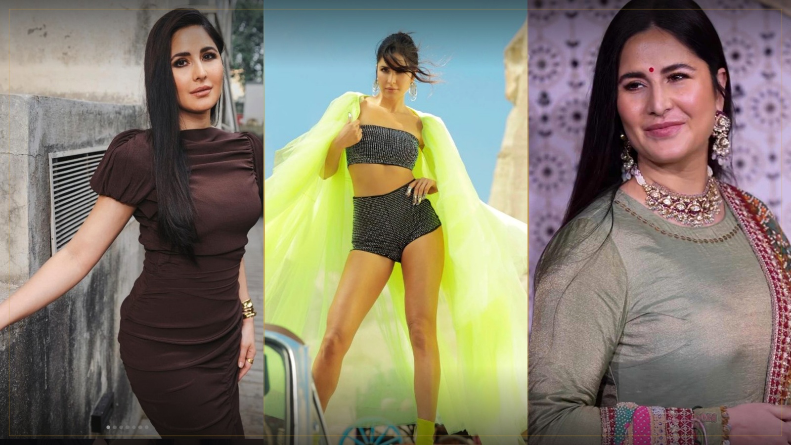 "Three-panel photo collage of Katrina Kaif: on the left, wearing a brown bodycon dress against a textured concrete wall; in the center, in a black beaded co-ord set with a flowing neon-yellow cape against a desert rock backdrop; on the right, in a sage-green embroidered kurta with statement jewelry against a floral-patterned wall."